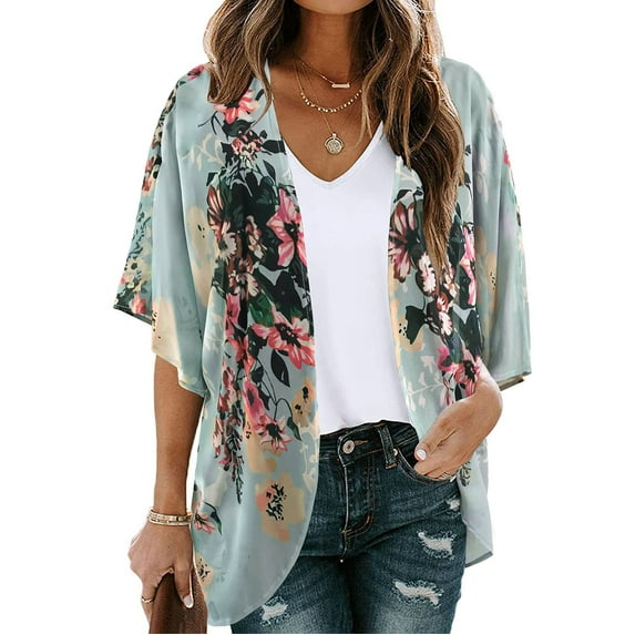 Herrnalise Women's Lightweight Open-Front Cardigan Sweater Women's Floral Print Puff Sleeve Kimono Cardigan Loose Chiffon Cover Up Casual Blouse Tops