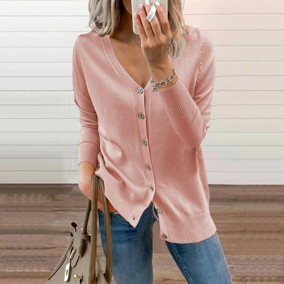 Herrnalise Women's Lightweight Vee Cardigan Sweater Fashion Women Buttons Long Sleeve Casual Solid Short Coat Cardigan Blouse