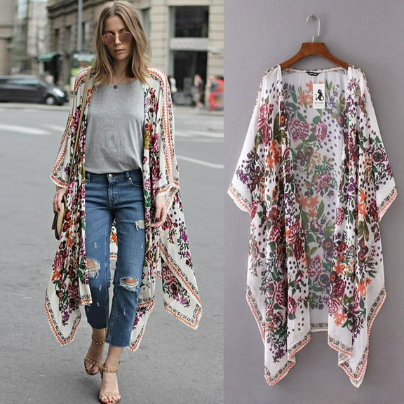 SDJMa Women's Lightweight Vee Cardigan Sweater Women Floral Print Chiffon Loose Shawl Kimono Cardigan up Shirt Blouse