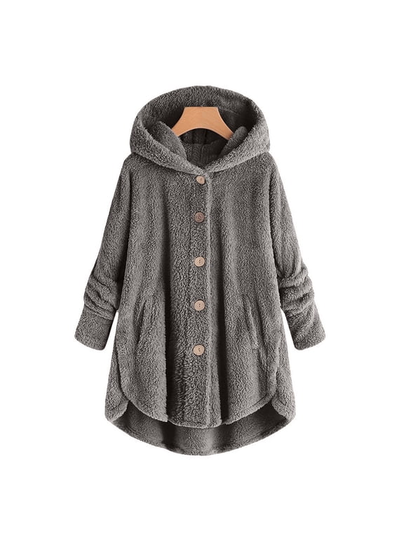 Women's Lightweight Vee Cardigan Sweater Women Plus Size Button Plush Tops Hooded Loose Cardigan Wool Coat Winter Jacket