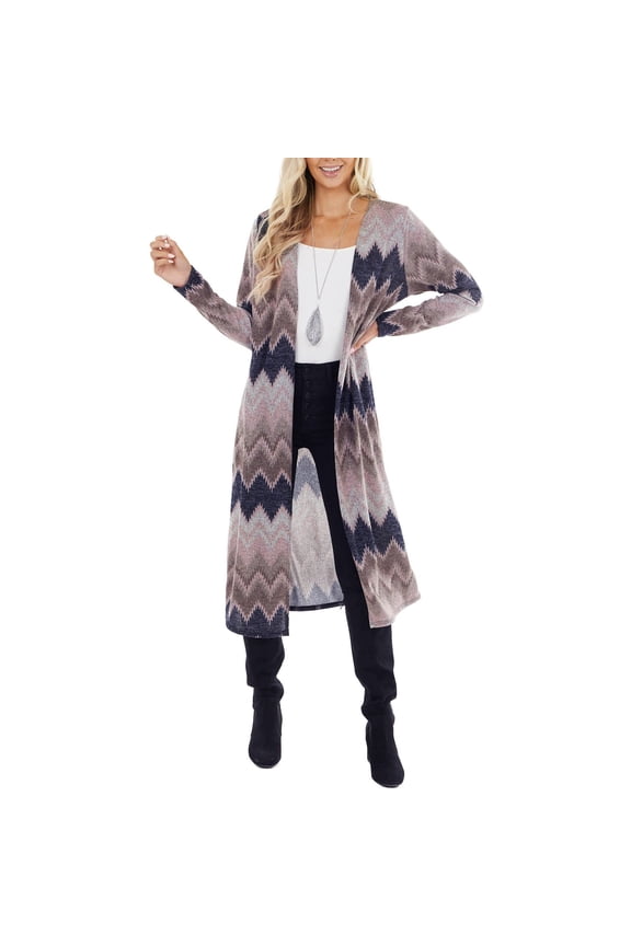 Women's Lightweight Vee Cardigan Sweater Women's Casual Fashion Loose V-neck Wave Print Long Sleeve Cardigan Jacket