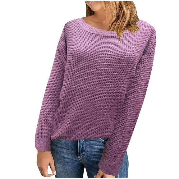 Herrnalise Women's Long Sleeve Oversized Crew Neck Solid Color Knit Pullover Sweater Tops Sweater Top Coat Purple,S