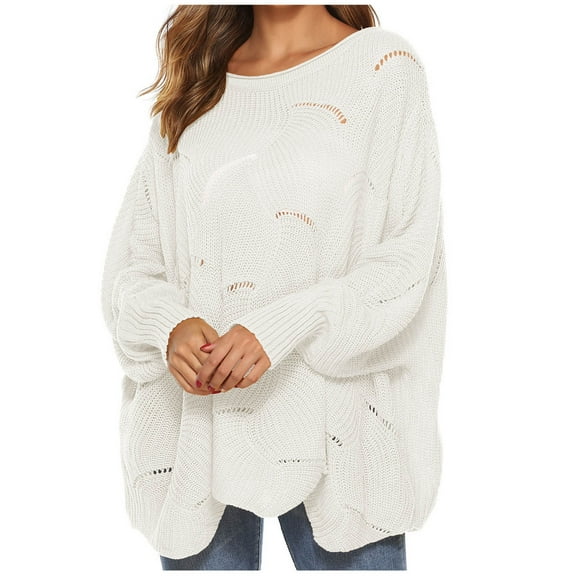 Herrnalise Women's Long Sleeve Oversized Crew Neck Solid Color Knit Pullover Sweater Tops Sweater Top Coat White,M