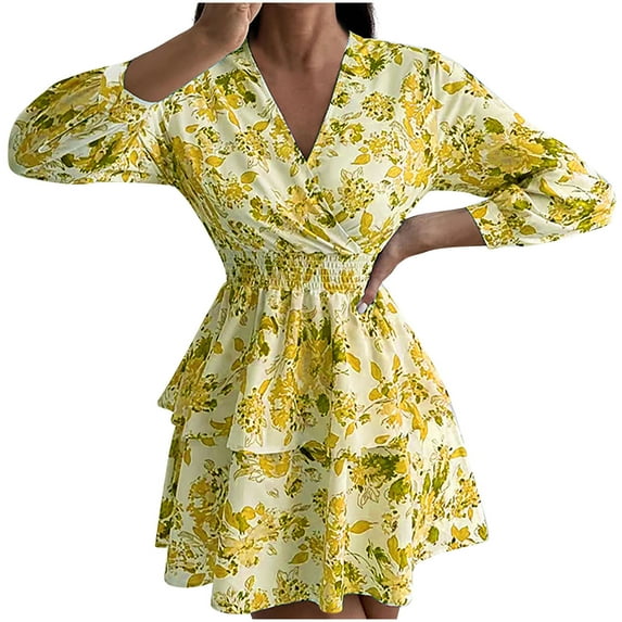 Herrnalise Women's Long Sleeve V-Neck Printed Cake Dresses S-2XL