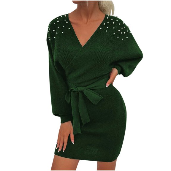 Herrnalise Women's Long Sleeve V-Neck Solid Color Knit Dress S-L
