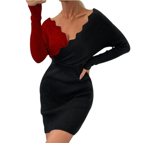Herrnalise Women's Long Sleeve V-Neck Wave Knit Dress S-L