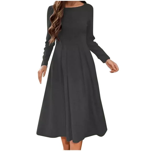 Herrnalise Women's Long SleeveRound Neck Solid Color Dresses S-2XL