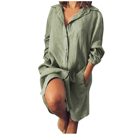 Holloyiver Women's Loose Double Pocket Long Sleeve Solid Color Cotton Cardigan Dresses S-4XL