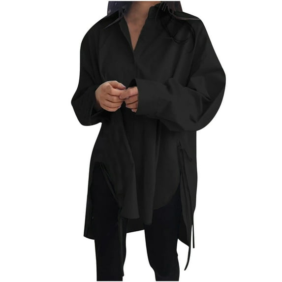 Herrnalise Women's Loose Short Front Long Back Lace-up Slim Shirt Long Sleeve V-neck Top/Shirt Black 3XL