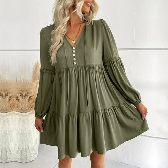Holloyiver Women's Notched Neck Button Dresses Solid Color Lantern Long Ruffle Sleeve Loose Short Flowy Pleated Mini Babydoll Dress women's fall clothing for women S-XL