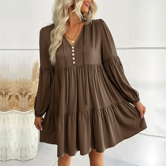 Holloyiver Women's Notched Neck Button Dresses Solid Color Lantern Long Ruffle Sleeve Loose Short Flowy Pleated Mini Babydoll Dress women's fall clothing for women S-XL