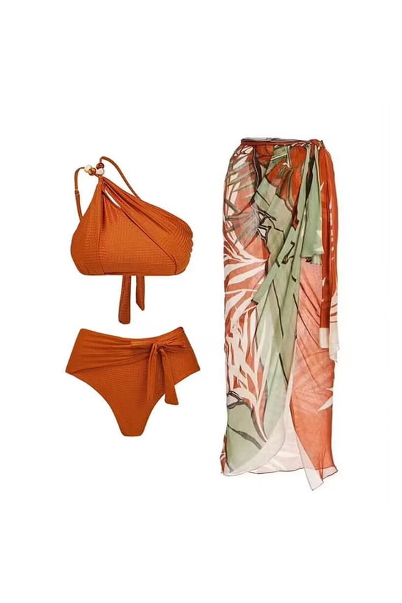 Women's One Piece Swimsuit with Beach Cover up Wrap Skirt Sarong Retro Floral Print Bikini Set Two Piece Bathing Suit