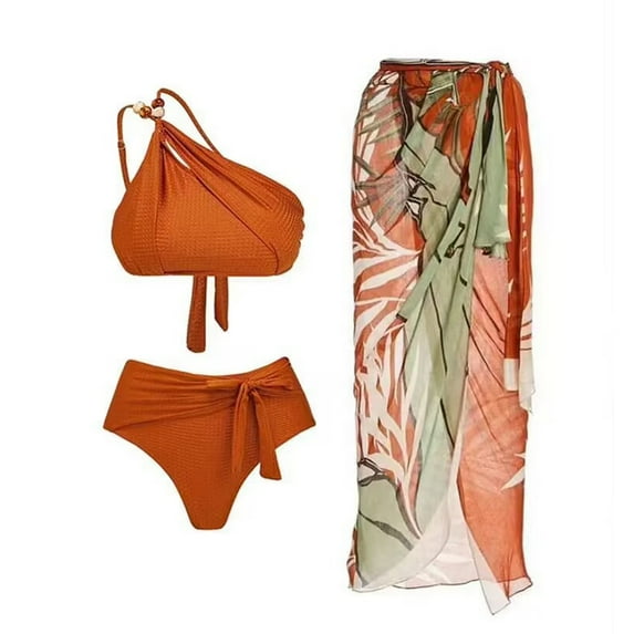 Herrnalise Women's One Piece Swimsuit with Beach Cover up Wrap Skirt Sarong Retro Floral Print Bikini Set Two Piece Bathing Suit