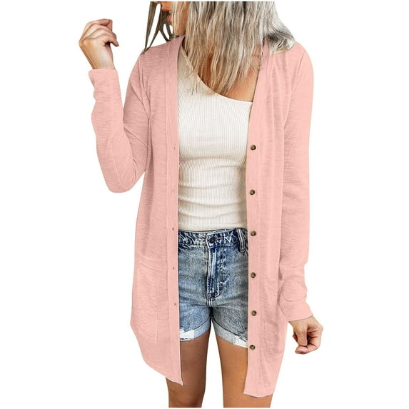 Herrnalise Women's Oversized Long Batwing Sleeve Cardigan Waffle Knit Sweater Coat Solid Color Button Down Jacket Pink,M