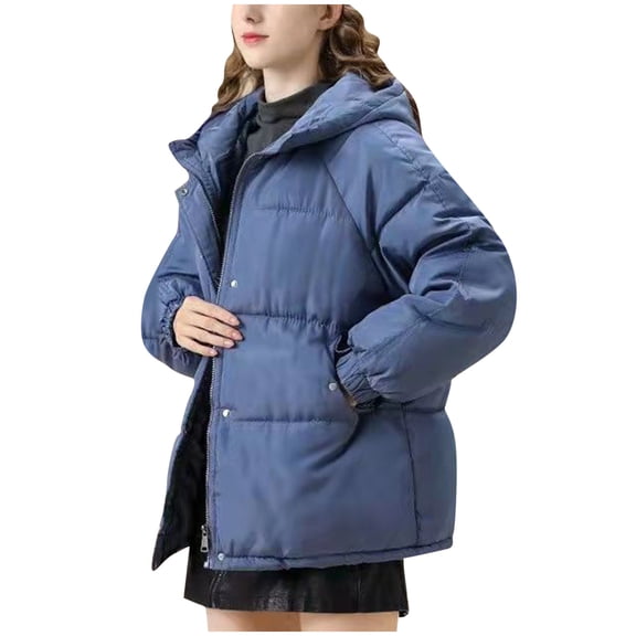 Herrnalise Women's Packable Down Jacket Solid Color Zipper Up Winter Hooded Down Jacket Button Up Short Puffy Thickened Jacket Warm Puffer Down Coat For Blue,M
