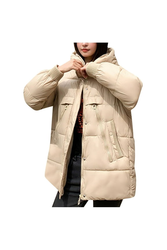 Women's Packable Down Jacket OverSize Solid Color Zipper Up Winter Hooded Down Jacket Button Up Short Puffy Thickened Jacket Warm Puffer Down Coat With 4 Pocket For Beige,2XL