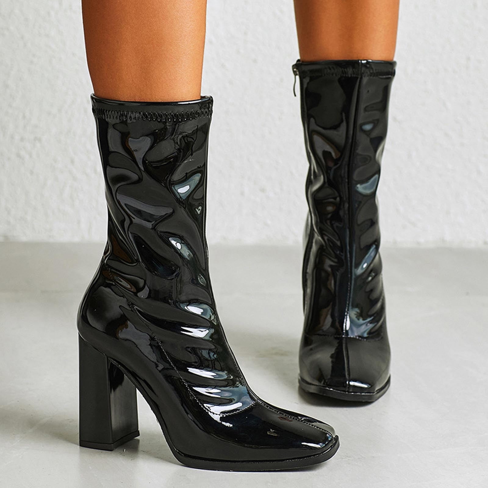 Herrnalise Women's Patent Leather Side Zipper Square Toe Block Heel High Heel Stretch Boots High Heels for Women Herrnalise Women's Patent Leather Side Zipper Square Toe Block Heel High Heel Stretch Boots High Heels for Women