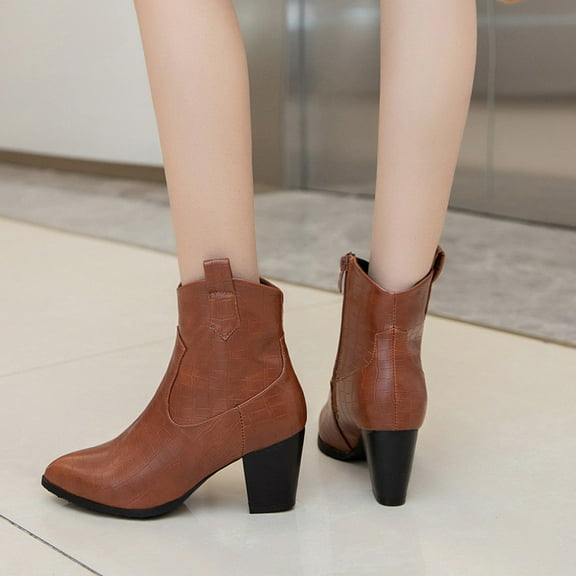 Herrnalise Women's Plus Size Fashion Stone Grain Point Toe Thick Heel Boots Zipper Booties Sales