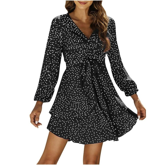 Herrnalise Women's Polka Dot Printed Tie Long Sleeve IrregularRuffle V-Neck Dresses S-XL