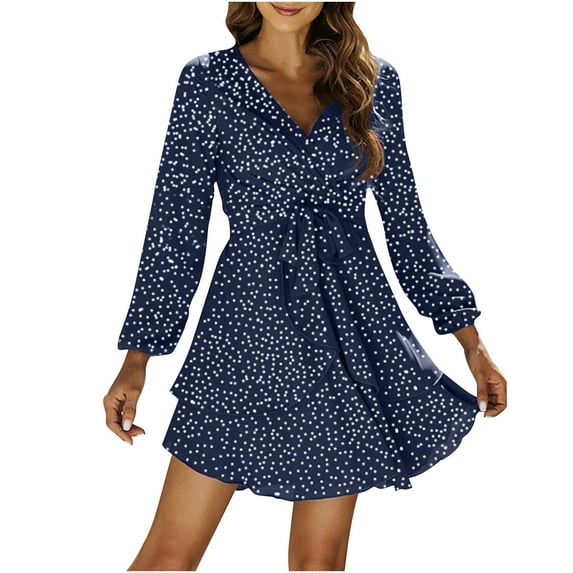 Herrnalise Women's Polka Dot Printed Tie Long Sleeve IrregularRuffle V-Neck Dresses S-XL