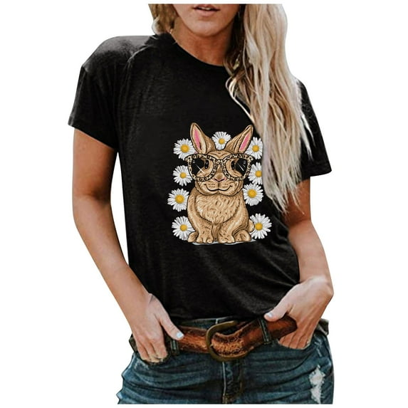 SDJMa Women's Print T Shirts Cute Women O-Neck Bunny Print T-shirt Easter Short Sleeve Casual Loose Blouse
