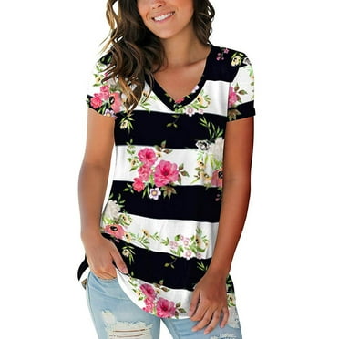 Herrnalise Women's Print T Shirts Cute Women's Basic V Neck Short Sleeve Floral T Shirts Summer Casual Tops