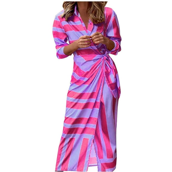 Herrnalise Women's Printed Cardigan Tie Striped Unpositioned Printed Dress Long Sleeve V-Neck Knee Length Dresses S-XL