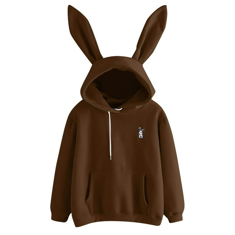 Herrnalise Women s Rabbit Ear Hoodie Solid Color Bunny Ear Long Sleeves Cute Embroidery Pullover Sweatshirts Merry Christmas For Coffee 2XL Walmart