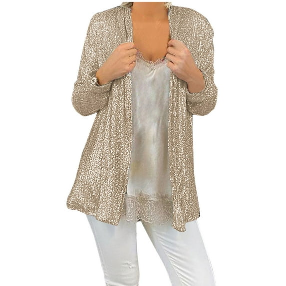 Herrnalise Women's Sequin Jacket Open Front Blazer Casual Long Sleeve Cardigan Coat Khaki,S