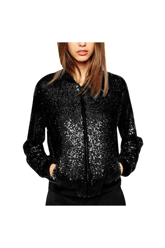 Women's Sequin Long Sleeve Front Zip Bomber Jacket with Ribbed Cuffs Black,M