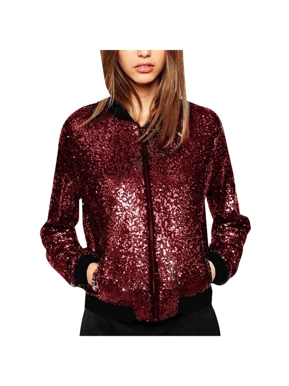 Women's Sequin Long Sleeve Front Zip Bomber Jacket with Ribbed Cuffs Wine,M