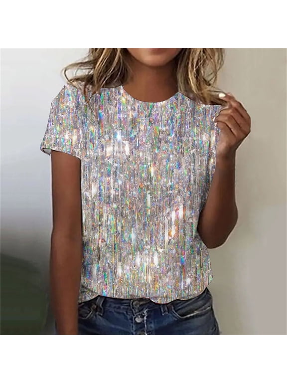 Women's Sequin Tops Sparkly Glitter Blouses Sequined Short Sleeve Shirts for Holiday Club Night Gear up for greatness for less