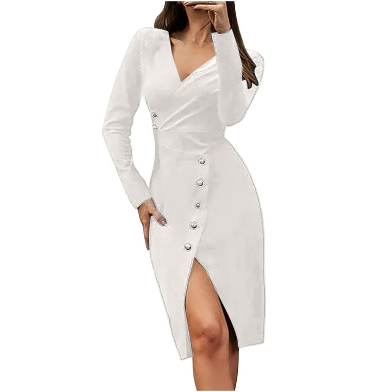 Sexy Solid Button V-Neck Asymmetric Split Bodycon Dress Sexy Solid Button V-Neck Asymmetric Split Bodycon Dress