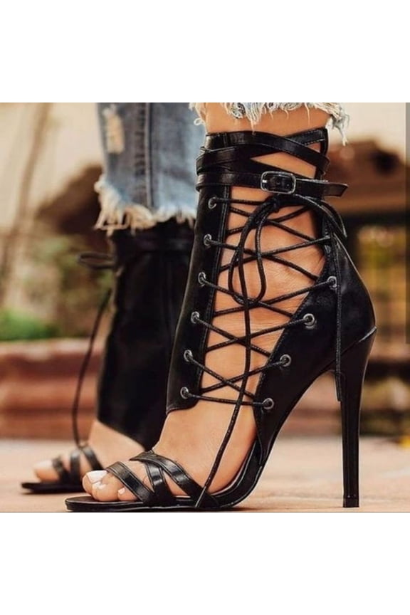 Women's Sexy High Heeled Open Toe Hollow Strappy Belt Buckle Side Zipper Cool Boots Womens Heels on Clearance