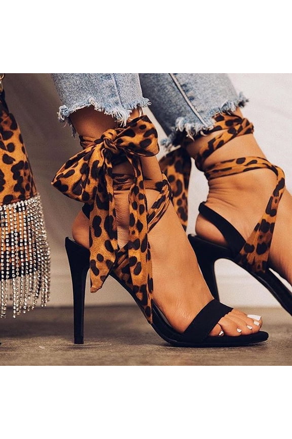 Women's Sexy Suede Open Toe High Heel Leopard Print Ankle Strap Sandals High Heels for Women