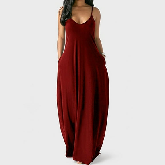 Herrnalise Women's Short Sleeve Pleated Loose Swing Casual Dress Fashion Women Sexy Plus Size Solid Sleeveless Pockets Camisole Long Dress