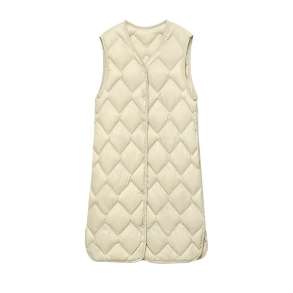 Herrnalise Women's Sleeveless Quilted Long Puffer Vest Hooded Full Zip Winter Warm Solid Color Jacket Coats with Pockets For Beige,3XL