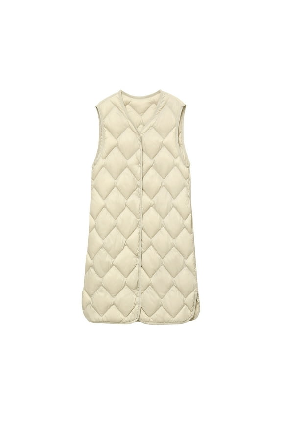 Women's Sleeveless Quilted Long Puffer Vest Hooded Full Zip Winter Warm Solid Color Jacket Coats with Pockets For Beige,3XL