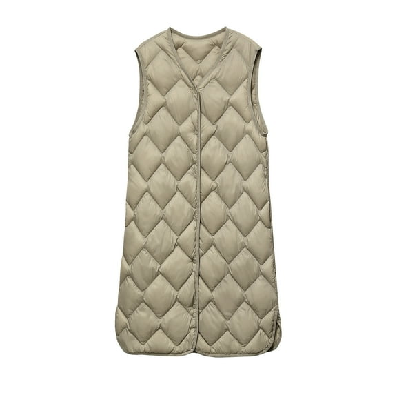 Herrnalise Women's Sleeveless Quilted Long Puffer Vest Hooded Full Zip Winter Warm Solid Color Jacket Coats with Pockets For Khaki,XL