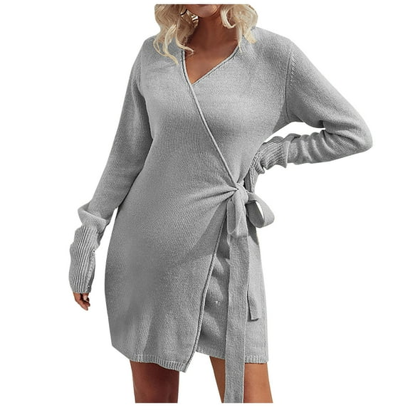 Herrnalise Women's Solid Color Sexy Long Sleeve V-Neck Dresses S-XL