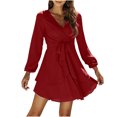 thumbnail image 1 of Herrnalise Women's Solid Color Tie Long Sleeve IrregularRuffle V-Neck Dresses S-XL, 1 of 7
