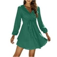thumbnail image 1 of Herrnalise Women's Solid Color Tie Long Sleeve IrregularRuffle V-Neck Dresses S-XL, 1 of 7
