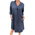 thumbnail image 1 of Herrnalise Women''s Solid Jean Denim Dress Fashion Casual V-Neck Mid-length 3/4 Sleeves Solid Color Dress S-2XL, 1 of 8