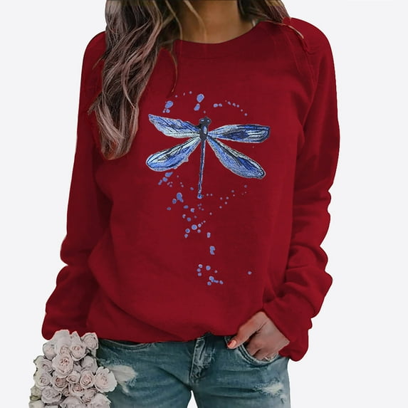 Herrnalise Women's Solid Long Sleeve Sweatshirt Crewneck Dragonfly Print Pullover Tops Tunic Tops OverSize