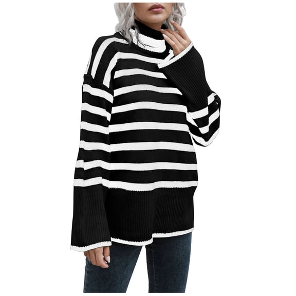 Herrnalise Women's Striped Turtleneck Sweater Long Sleeve Oversized Knitted Soft Pullover Sweaters Side Split Black,M