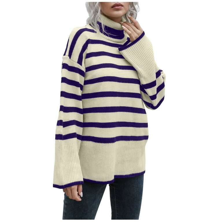 Herrnalise Women's Striped Turtleneck Sweater Long Sleeve Herrnalise Women's Striped Turtleneck Sweater Long Sleeve