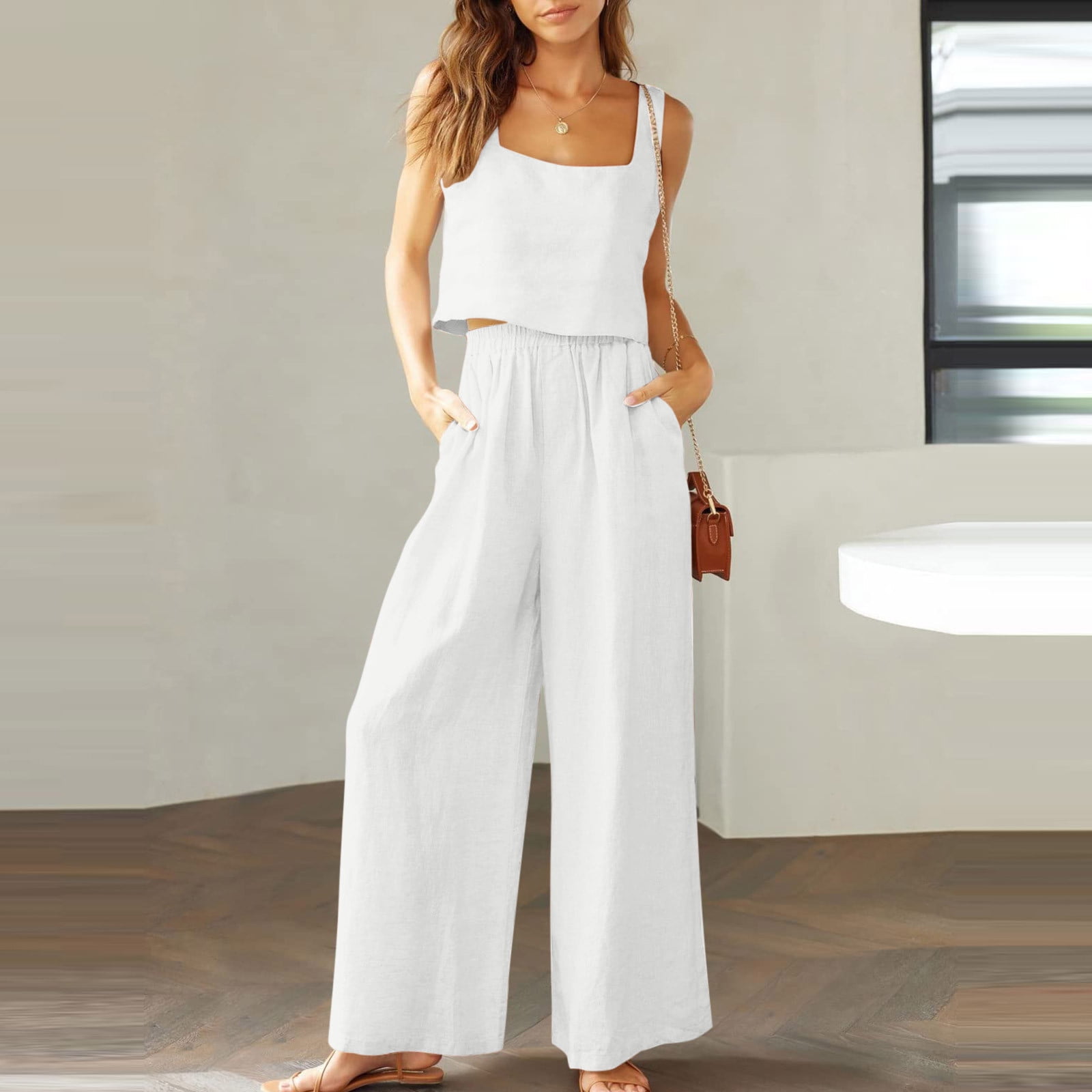  NUFIWI Women Summer Knit 2 Piece Pants Set Sleeveless Split  Tank Top and High Waist Wide Leg Pants Outfits Loungewear(A White,Small) :  Clothing, Shoes & Jewelry