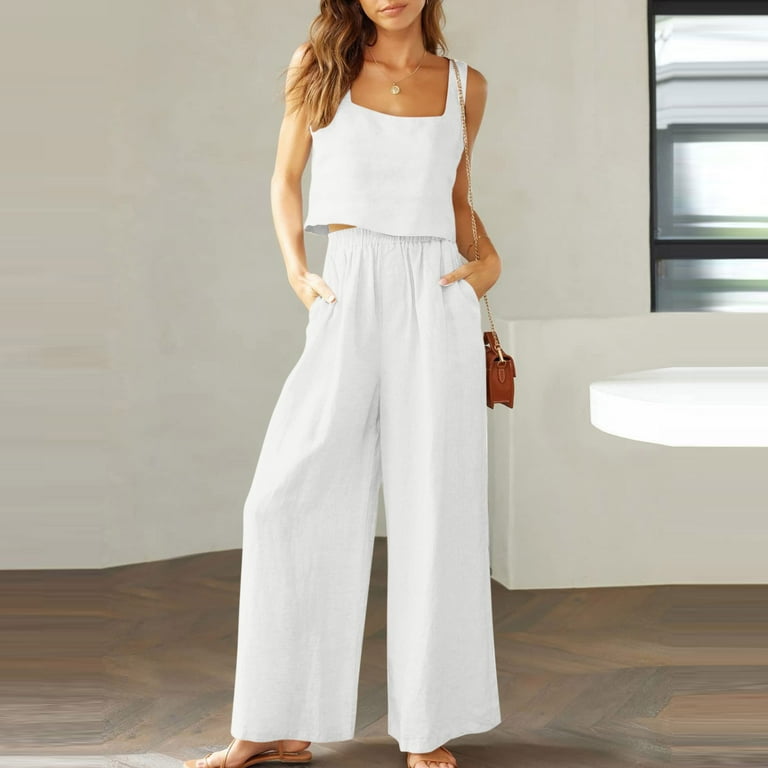 Herrnalise Women's Summer 2 Piece Outfits Sleeveless Camisole Button Back  Top Cropped Wide Leg Pants Set Pockets Casual Tube 