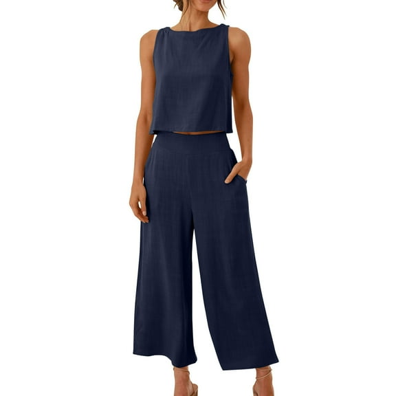 SDJMa Women's Summer 2 Piece Outfits Sleeveless Tank Crop Button Back Top Cropped Wide Leg Pants Set Pockets Casual Tube