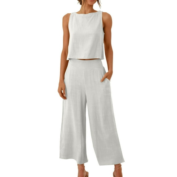 Herrnalise Women's Summer 2 Piece Outfits Sleeveless Tank Crop Button Back Top Cropped Wide Leg Pants Set Pockets Casual Tube